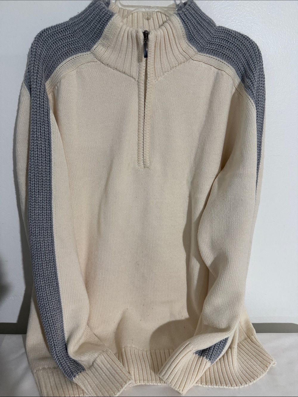 Men's Cream Half-Zip Sweater with Gray Shoulder & Sleeve Accents